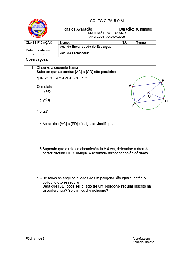 Início 5 Mini Teste 5 9ºano – 2007/2008 – com resolução
