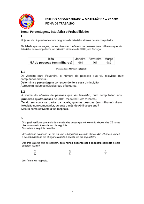 Início 4 Ficha de Trabalho 9ºano