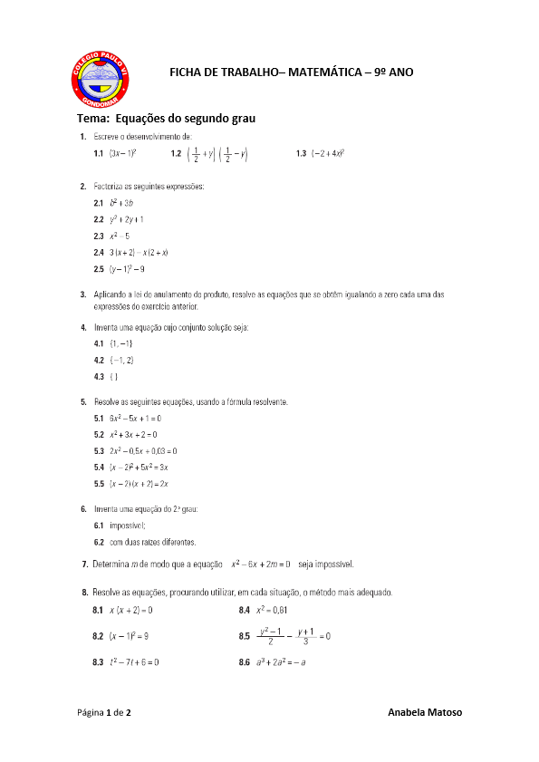 Início 7 Ficha de Trabalho -9ºano