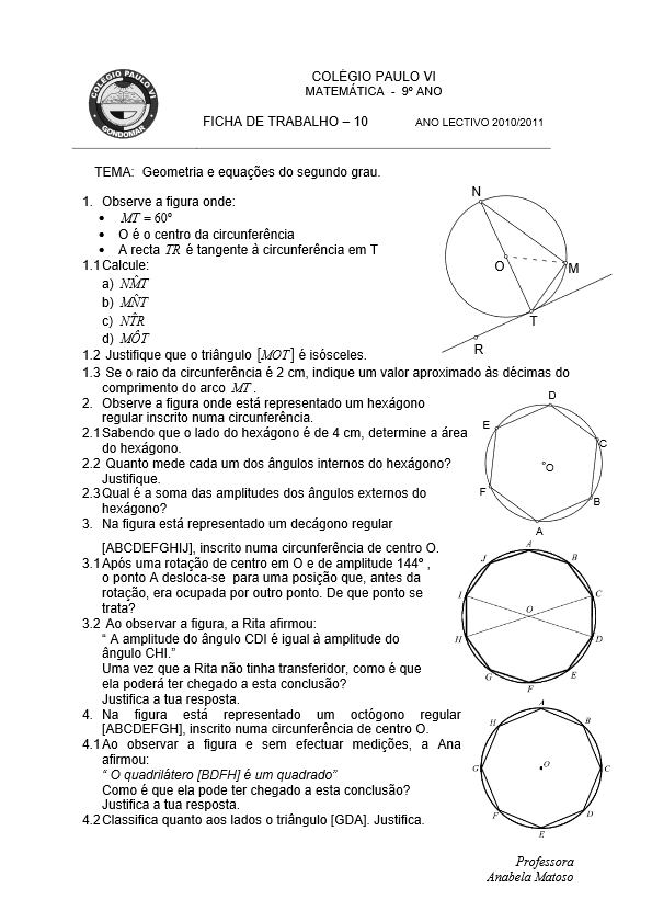 ficha de trabalho 10 geometria e equacoes segundo grau pdf image