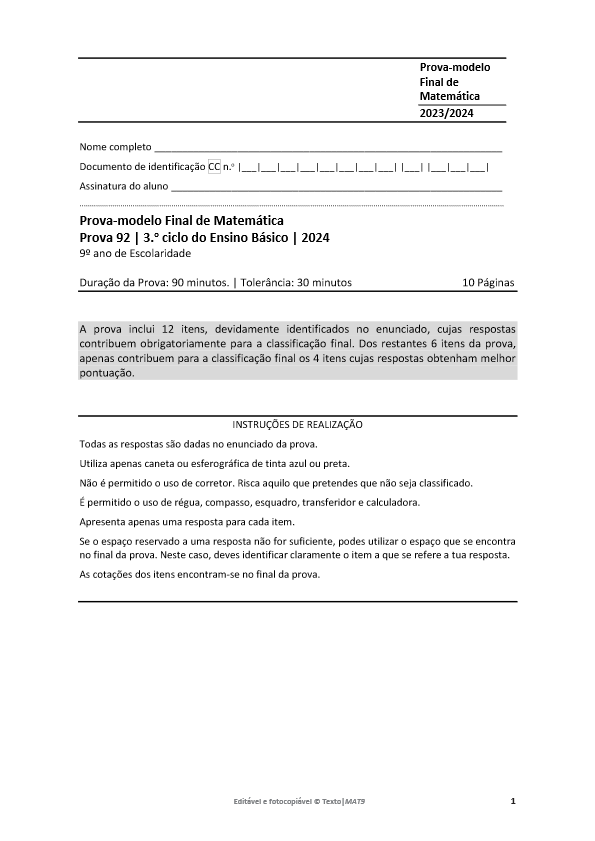 PROVA MODELO 2 FINAL 2024 MAT9 Texto pdf image