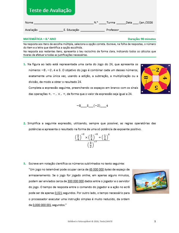 Testes Enviados por Newsletter - Texto 68 MAT 8 Teste Avaliacao JAN 2026 pdf image