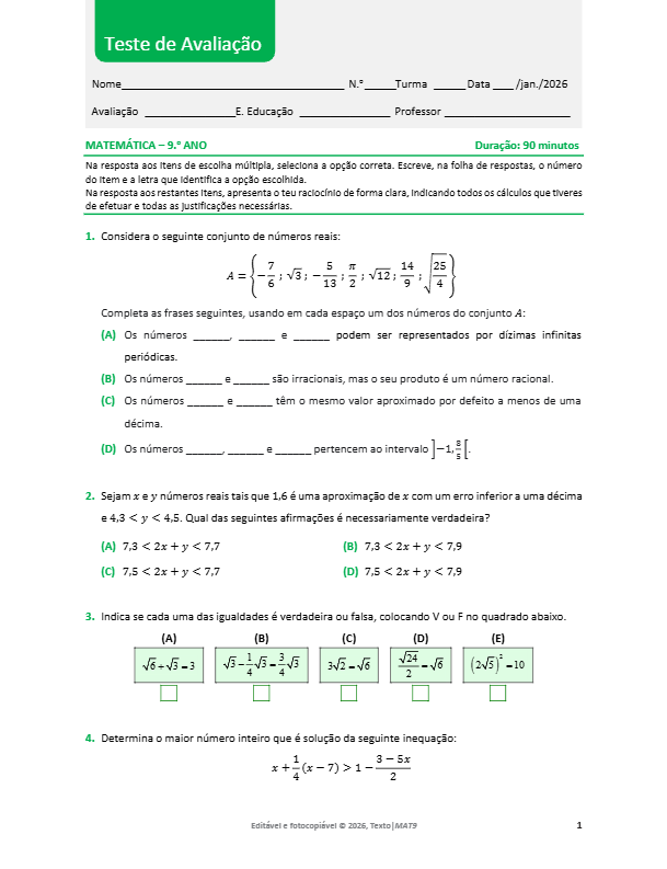 Testes Enviados por Newsletter - Texto 72 MAT 9 Teste Avaliacao JAN 2026 pdf image