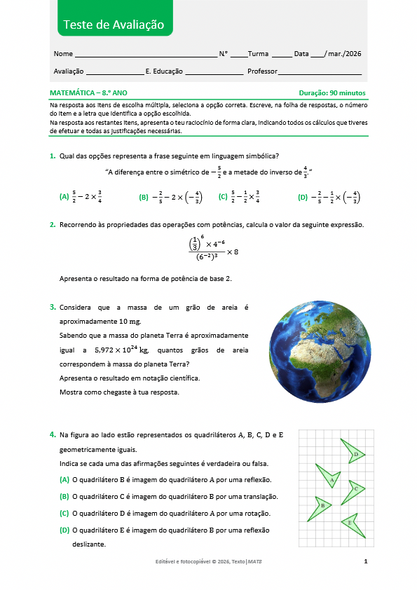 Testes Enviados por Newsletter - Texto 69 MAT 8 Teste Avaliacao MAR 2026 pdf image